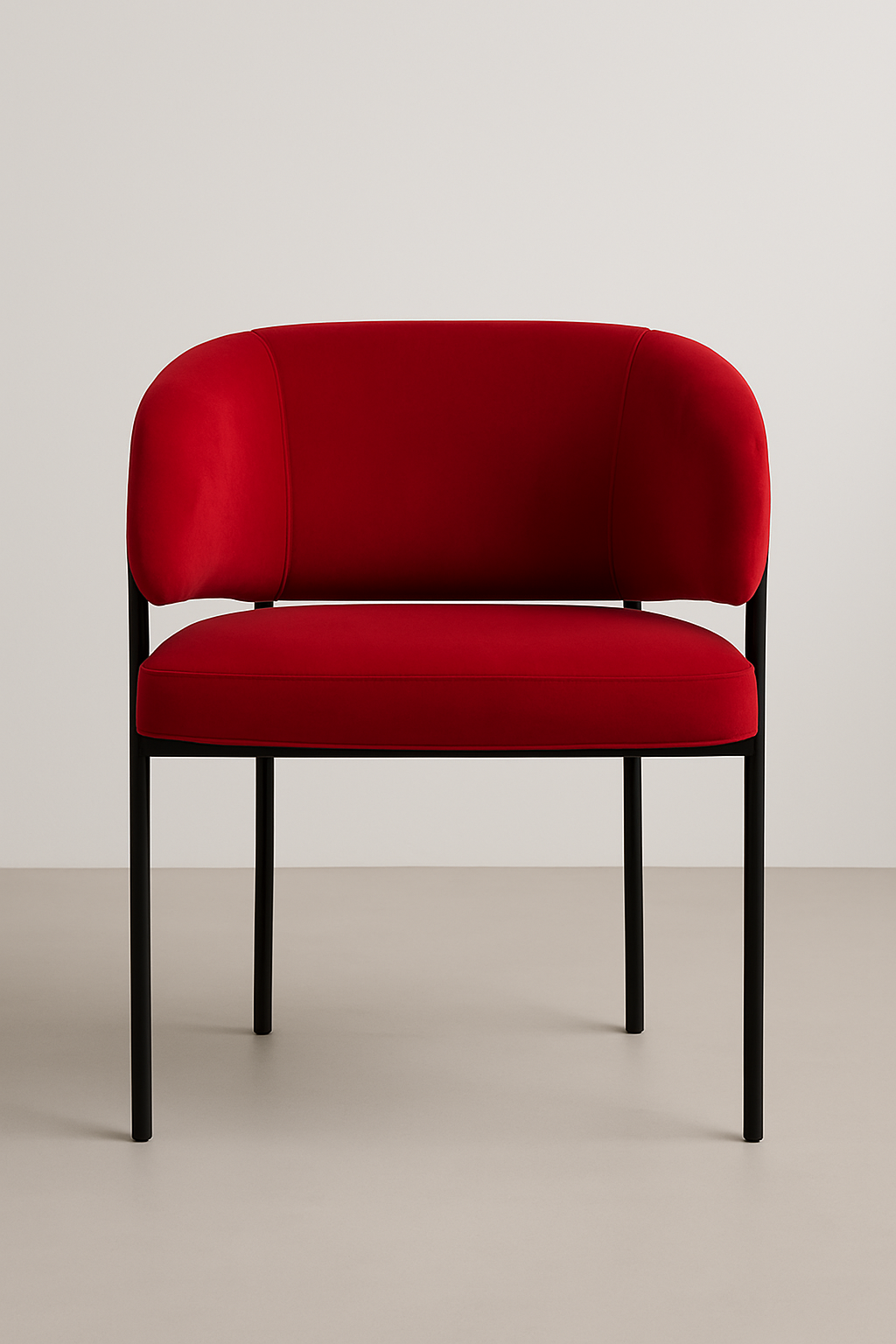 Chaise contemporaine rouge en tissu velouté avec structure en métal noir