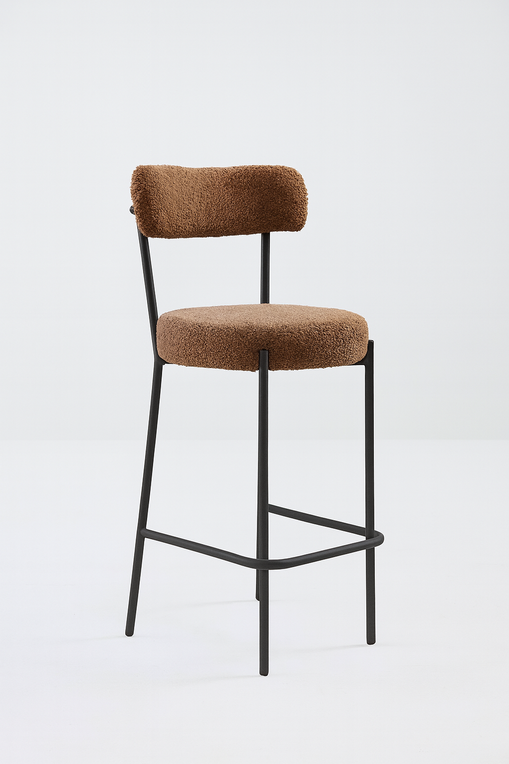 Chaise haute contemporaine en métal noir avec assise et dossier en tissu bouclé marron