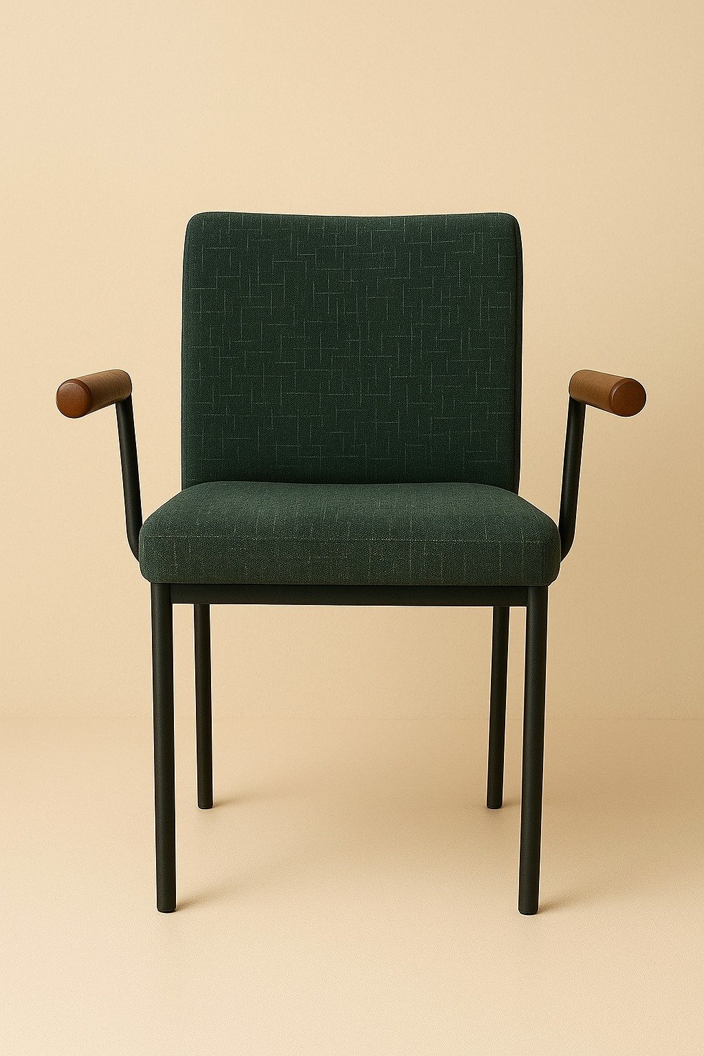 Chaise contemporaine en tissu vert foncé avec accoudoirs en bois et structure métal noir.
