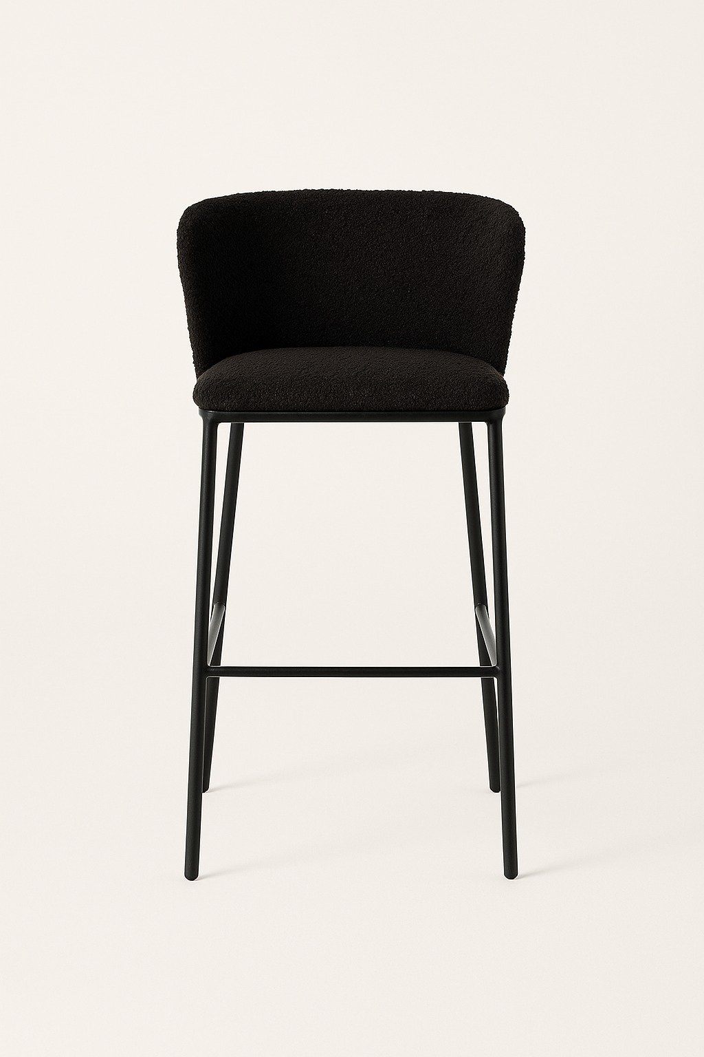Tabouret contemporain en tissu noir texturé avec structure en métal noir.