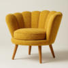 Fauteuil en tissu jaune miel avec structure en bois clair et dossier arrondi