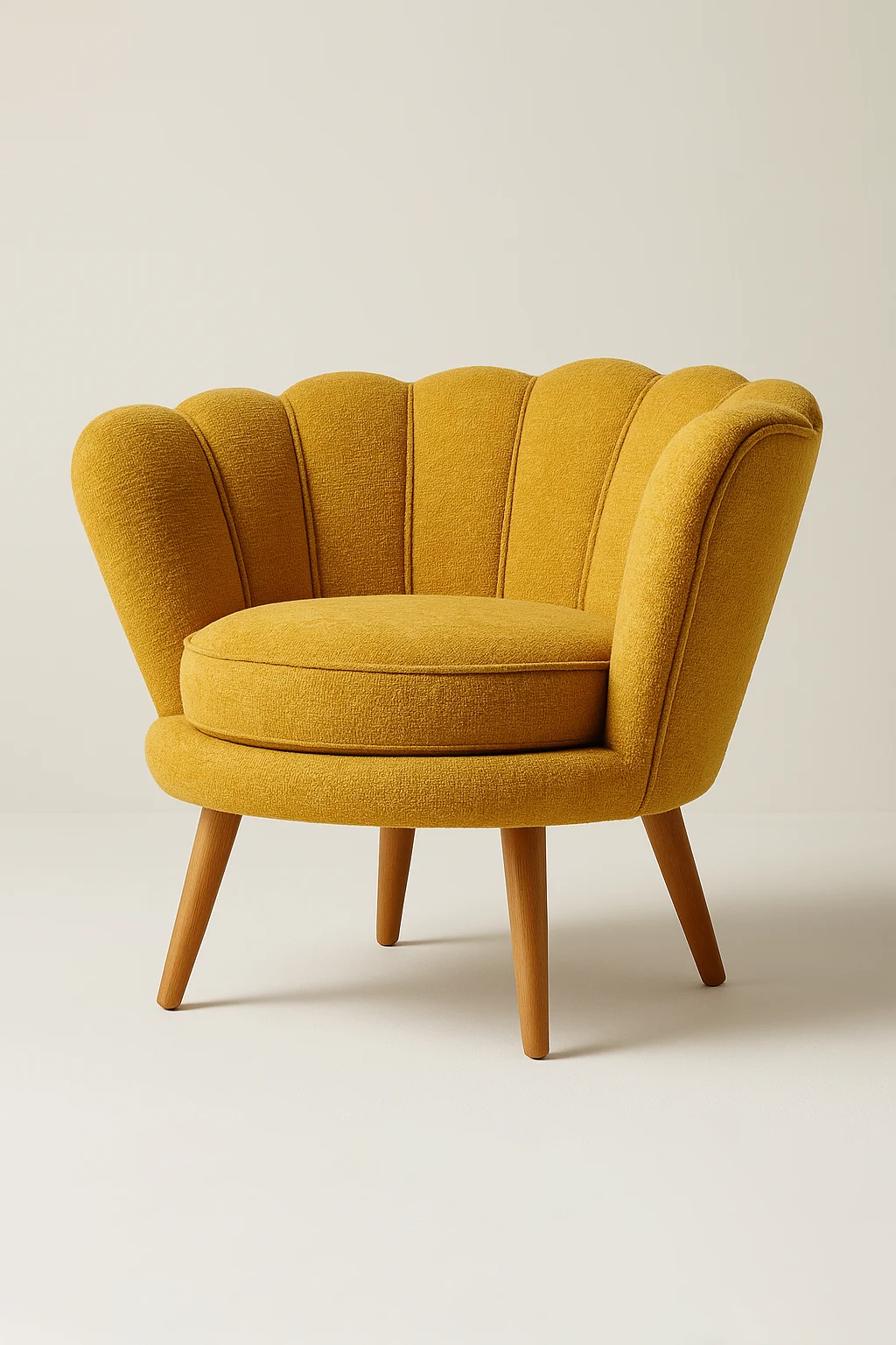 Fauteuil en tissu jaune miel avec structure en bois clair et dossier arrondi