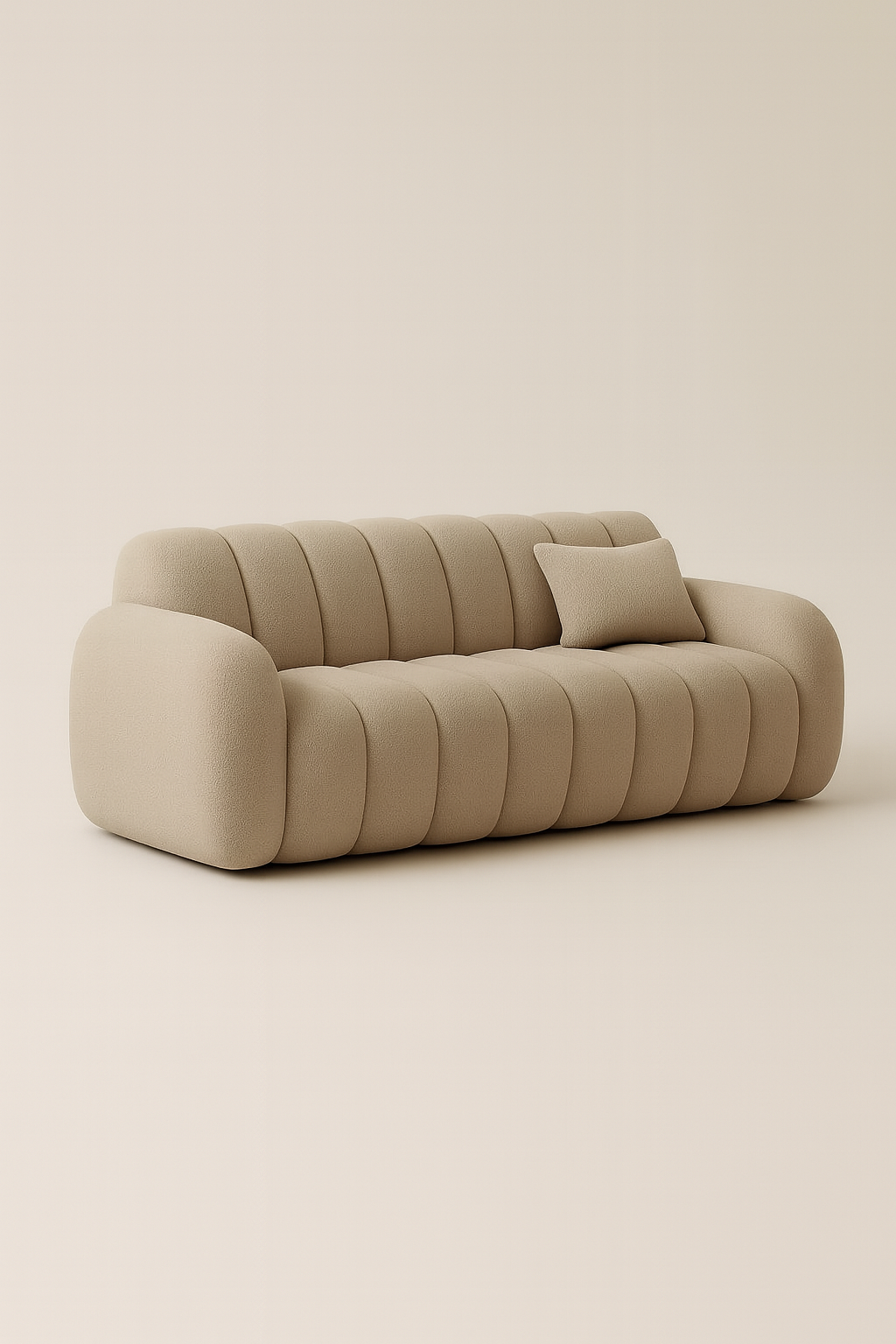 Canapé contemporain beige arrondi en tissu doux avec coussin assorti